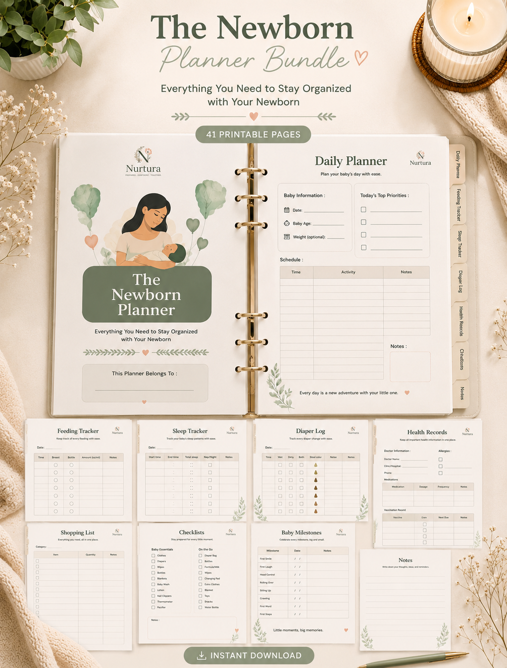Baby Planner Printable PDF | 41-Page Newborn Tracker & Organizer | Feeding, Sleep, Diaper Log | Instant Download