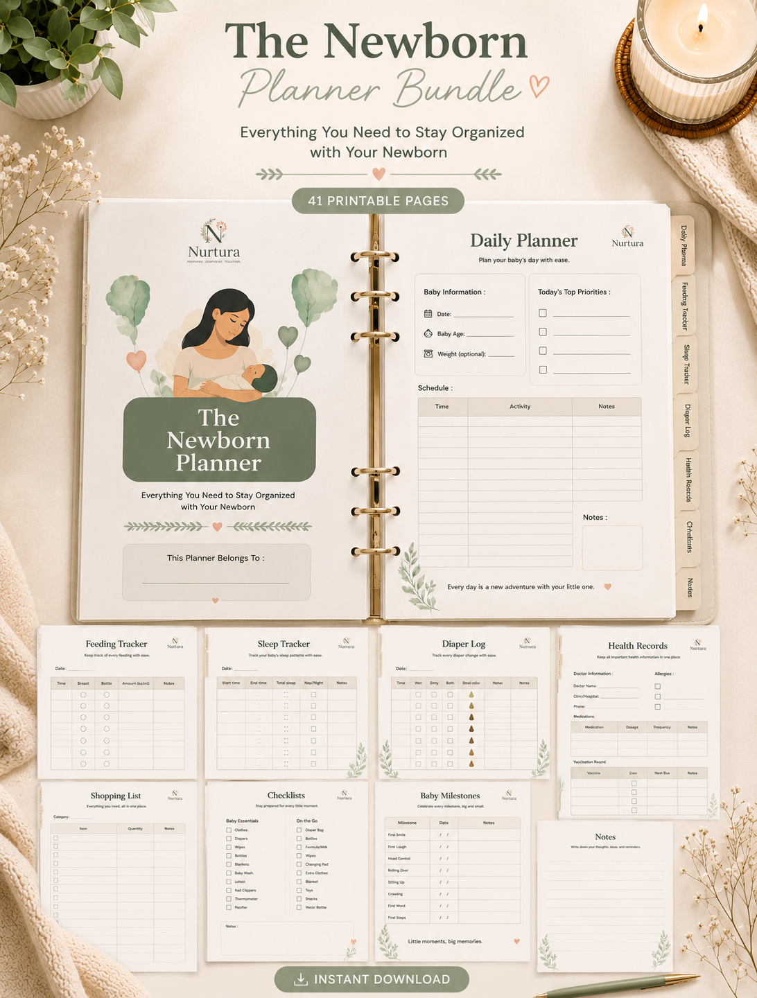 Baby Planner Printable PDF | 41-Page Newborn Tracker & Organizer | Feeding, Sleep, Diaper Log | Instant Download