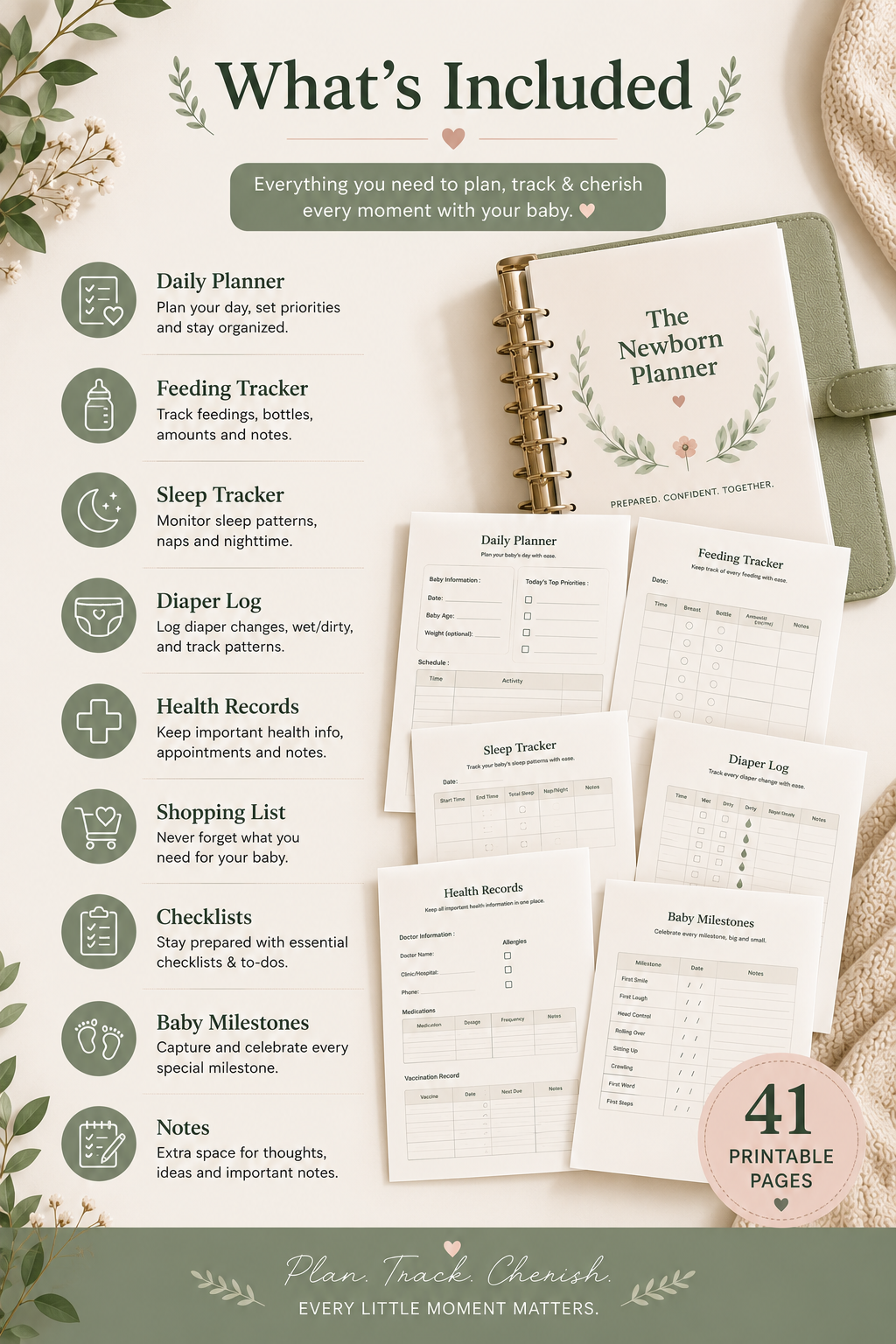 Baby Planner Printable PDF | 41-Page Newborn Tracker & Organizer | Feeding, Sleep, Diaper Log | Instant Download